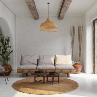 Living Room Interior With Sofa, Wicker Armchair, Cactus Plant And Coffee Table